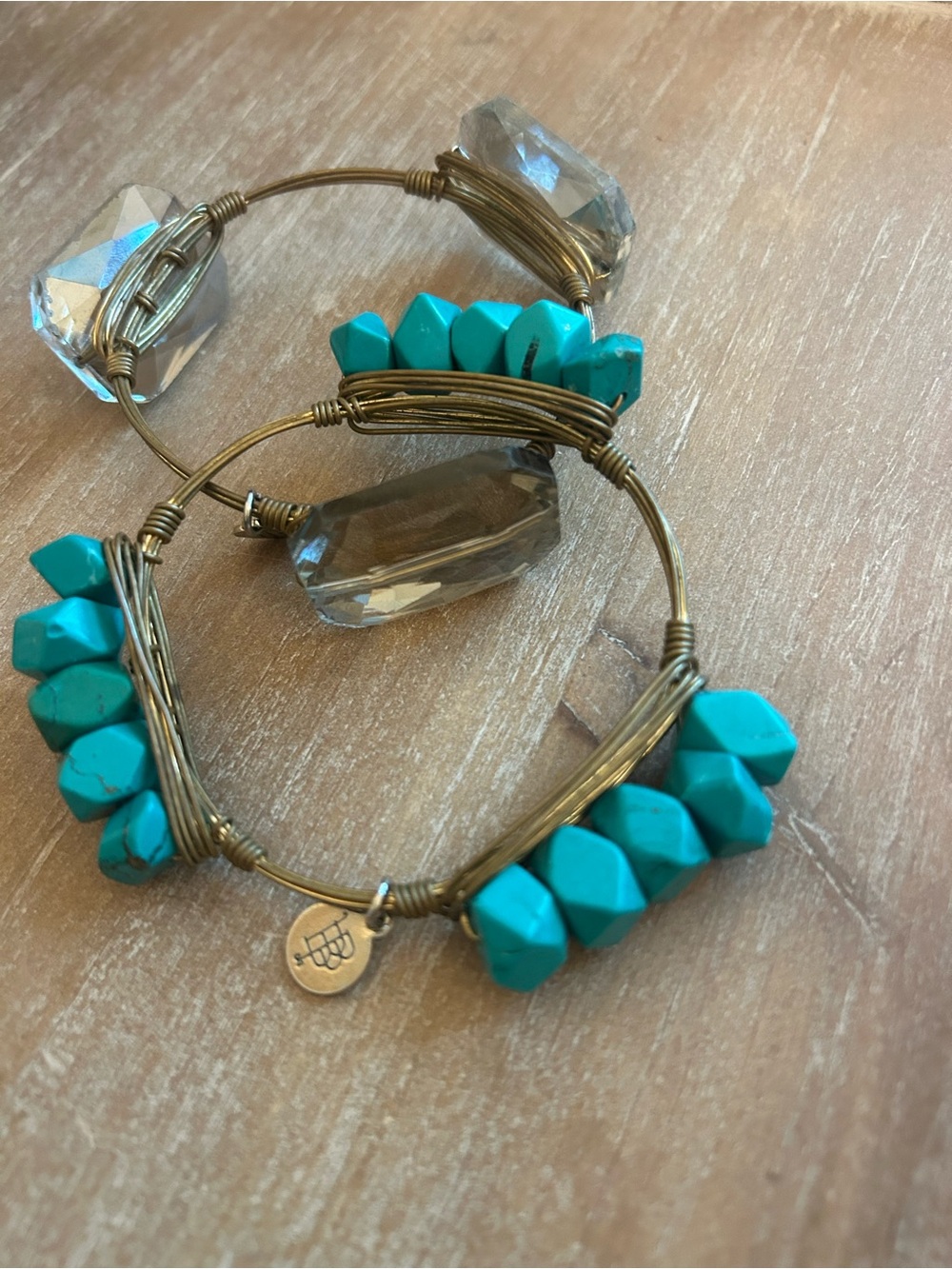 Bourbon and Bowties Turquoise Bead and Gold Wire Stackable Bracelet Set